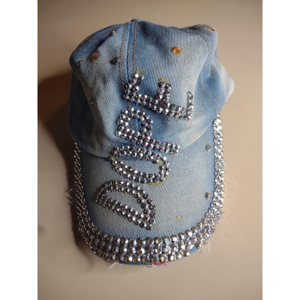 Women's Dope Baseball Cap Light Denim Adjustable Rhinestone Curved Bill Hat